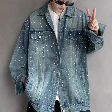 AIDASE  -  Fashion Men's Denim Jacket 2025 New Diamond-studded Decoration Long Sleeve Lapel Single-breasted Men Coats Trend 21E6846 aidase-shop